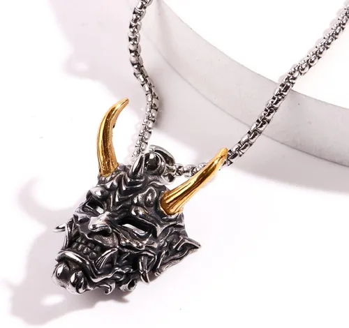 Vista 2 de Collar de calavera para hombre, collar de calavera de cuerno dorado, collar de cabeza de calavera de demonio gótico, collar de Halloween, collar