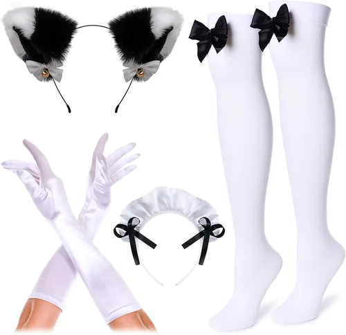 Vista 5 de Irtysh Conjunto de calcetines y guantes de orejas de gato para mujer, diseño de sirvienta francesa