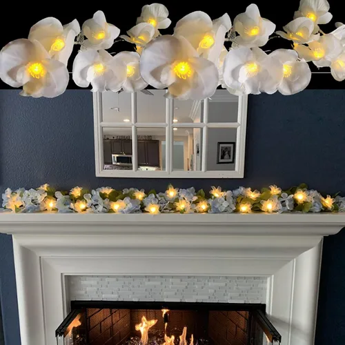 Vista 6 de Guirnalda de luces artificiales de orquídea artificial de 9.8 pies, funciona con USB, luces de hadas de orquídea de mariposa para boda, hogar