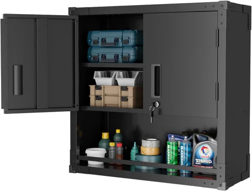 Vista 18 de VINGLI Armario de Pared para Garaje con Puertas con Cerradura y Estante Ajustable, Gabinete de Pared de Metal, Gabinete de Almacenamiento Superior