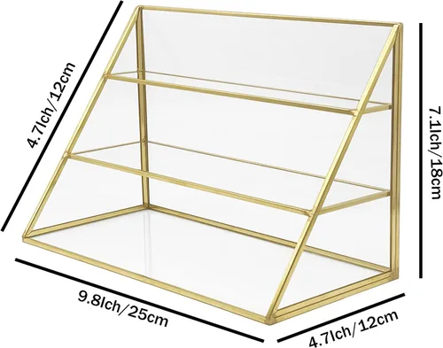 Vista 6 de FSyueyun Estuche organizador de maquillaje dorado, 3 capas de almacenamiento de maquillaje de vidrio, organizador de cosméticos, soporte de anillo