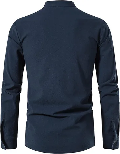 Vista 3 de Camisas de lino de manga larga con cordones retro para hombre, camisa Henley renacentista, disfraz vikingo medieval, camiseta pirata