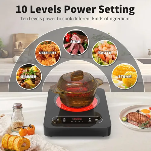 Vista 5 de VBGK - Cocina eléctrica de un solo quemador, estufa eléctrica de 110 V y 1800 W con control táctil LED, 10 niveles de potencia, temporizador de 4 h
