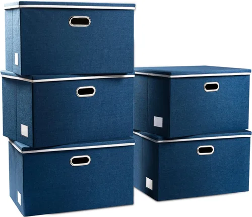 Vista 9 de PRANDOM Contenedores de almacenamiento con tapas [paquete de 3] cajas de almacenamiento plegables de tela de lino, canastas organizadoras, cubos