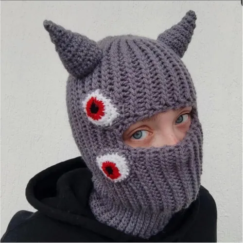 Vista 2 de Gorro de punto Y2k con cuerno de diablo y oreja de conejo largo, máscara de esquí, pasamontañas, accesorios para grunge