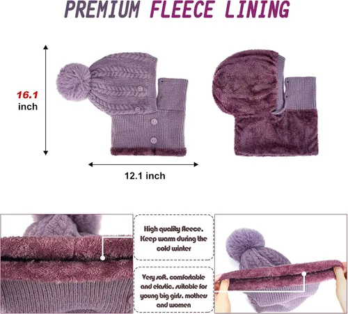 Vista 4 de Gorro de punto con forro polar para mujer, bufanda de invierno para mujer, gorro cálido con pompón