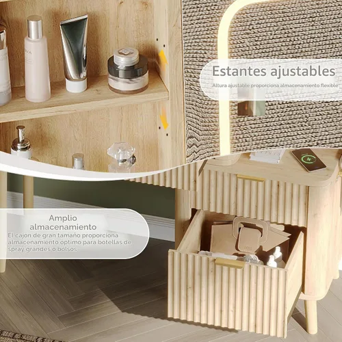 Vista 6 de Tocador de madera de 48 pulgadas con tapa de vidrio transparente, espejo Madera natural