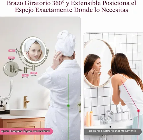 Vista 5 de Espejo de maquillaje montado en la pared con luces 30X/1X espejo de tocador de doble cara