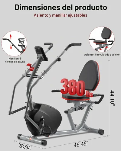 Vista 3 de ECHANFIT Recumbent Exercise Bike with Arm Exerciser for Home - Elliptical Recumbent Cross Trainer with Backlit Display, Pulse Sensor, 8-Level