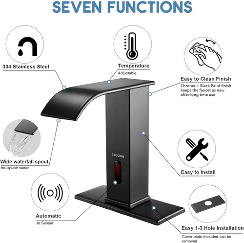 Vista 2 de Grifo de baño sin contacto, llave de cascada con sensor automático, lavabo moderno de acero inoxidable mate negro, llave de lavabo con sensor