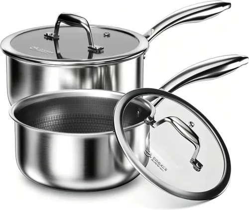 Vista 10 de COOKER KING Cacerola de acero inoxidable de 1.5 cuartos de galón, sartén antiadherente, olla de cerámica con tapa de vidrio templado, olla