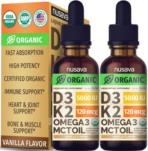 Vista 14 de Paquete de 2 gotas orgánicas de vitamina D3 K2 con aceite MCT y Omega 3 - Vitamina líquida D3 5000 UI - Suplemento de vitamina K2 D3 - Gotas