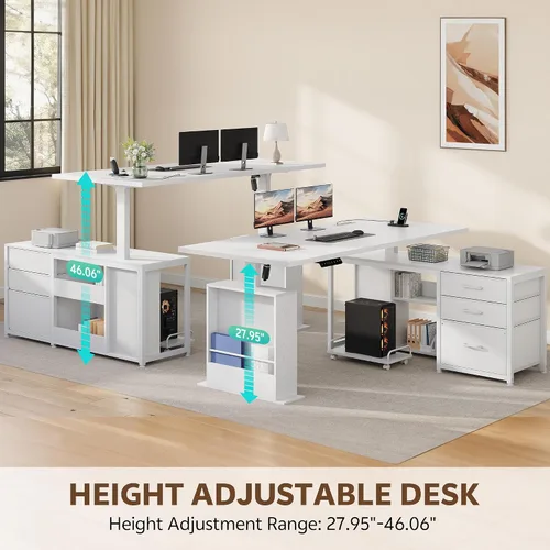Vista 4 de Escritorio eléctrico en forma de L de 63 pulgadas con 3 cajones, mesa de computadora de almacenamiento, altura ajustable con tomas de corriente, 4