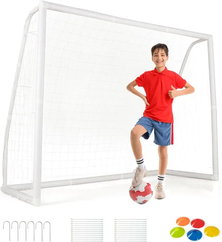 Vista 10 de GYMAX Portería de fútbol, porterías de fútbol para patio trasero con red para todo tipo de clima, estaca de tierra y bridas de cremallera, marco