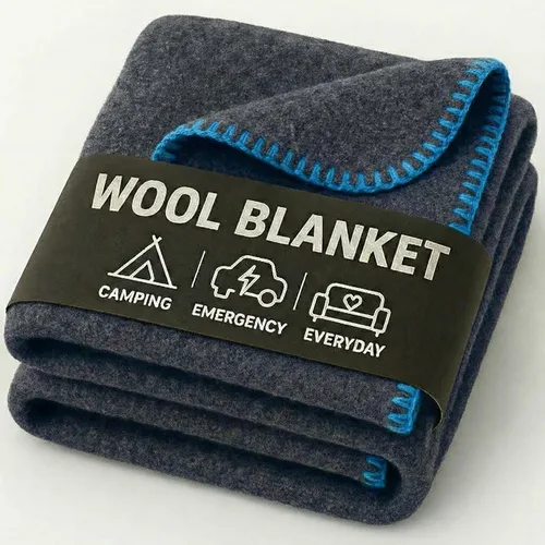 Vista 10 de Manta de Lana para Acampada – 70% Lana Resistente de Servicio Pesado Estilo Militar, Cálida y Lavable, Manta Ignífuga para Emergencias Gris