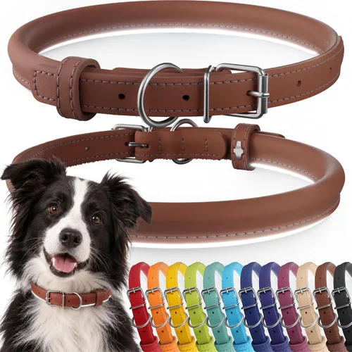 Vista 24 de CollarDirect Collar de perro de cuero enrollado, collar redondo acolchado suave para cachorros, collar de cuero genuino hecho a mano para perros