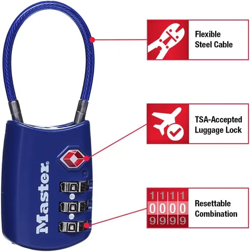 Vista 2 de Master Lock Establece tu propia combinación de candado de equipaje aprobado por la TSA, el candado con cremallera de viaje es perfecto para maletas