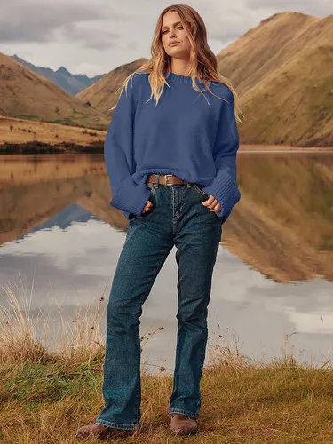 Vista 24 de LOGENE Suéter de gran tamaño para mujer, cuello redondo, manga larga, suave, mullido, suéter de punto 2025 para otoño e invierno