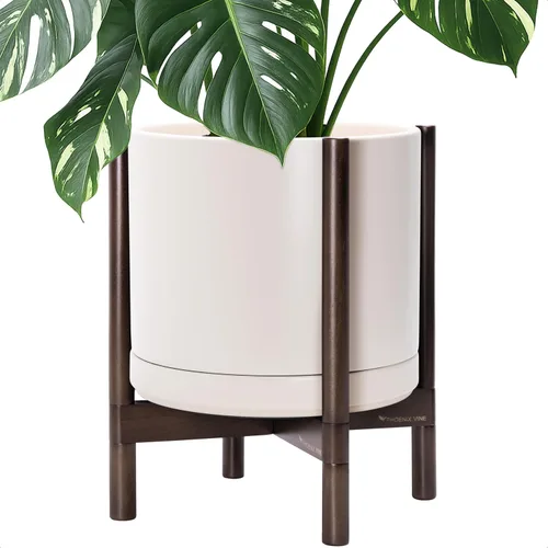 Vista 102 de D'vine Dev Maceta de cerámica con soporte de ébano – Maceta redonda moderna de 8 pulgadas con soporte para maceta de madera, color negro, 55-B-M-2
