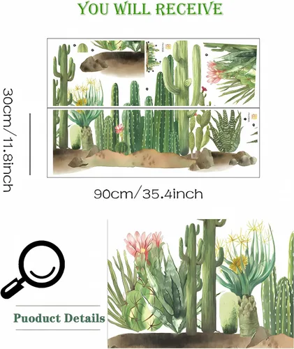 Vista 5 de Calcomanías de pared de vegetación verde de cactus, dunas de arena tropical, calcomanías de pared de plantas verdes, vinilo extraíble para sala