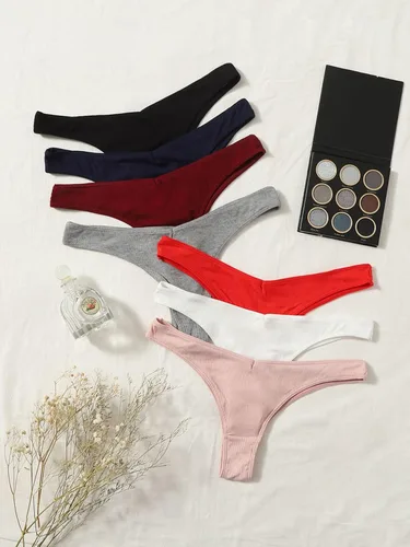 Vista 3 de OYOANGLE Conjunto de 7 piezas de ropa interior transpirable de punto acanalado de tiro bajo para mujer