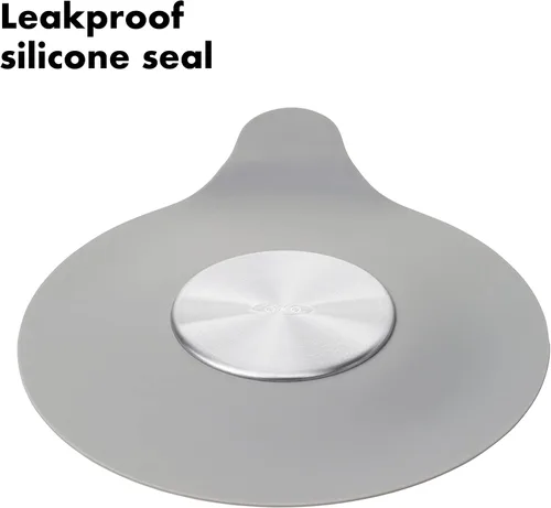 Vista 9 de OXO Good Grips Tapón para Tina de Silicona/Acero Inoxidable, Gris Drenaje de sellos de succión resistentes, se adapta a desagües estándar
