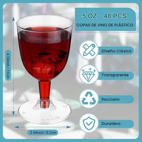 Vista 2 de Didaey 48 copas de vino desechables de plástico de 6 onzas con tallo