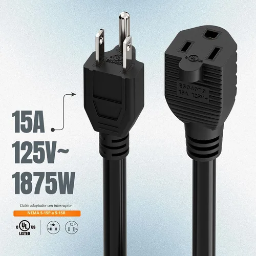 Vista 8 de Cable de extensión de interruptor de encendido/apagado en línea, cables de alimentación conmutables para el hogar de 3 clavijas, resistente 15A