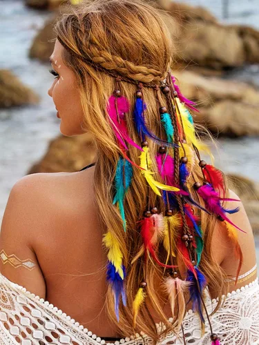 Vista 2 de Diadema de plumas coloridas, accesorios para el cabello de arcoíris para mujer