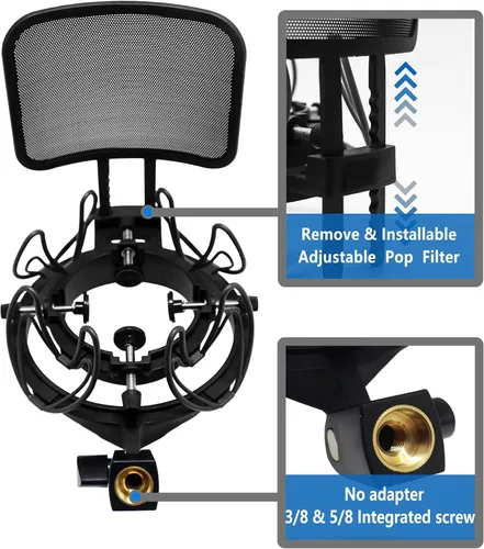 Vista 3 de Soporte de choque de micrófono con filtro pop Soporte de choque universal para micrófonos Tamaño de 0.827-2.441 in Clip de soporte de micrófono