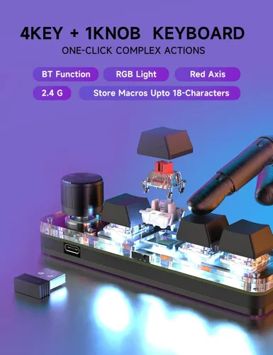 Vista 2 de Teclado mecánico macro con una sola mano, teclado para juegos de 4 teclas totalmente programable para botones y llaves, teclado OSU Hotswap con RGB