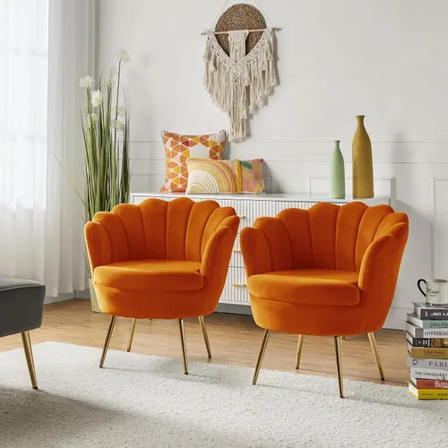 Vista 25 de HULALA HOME Silla decorativa moderna de terciopelo con respaldo en forma de concha, bonito sillón para sala de estar, dormitorio con patas doradas