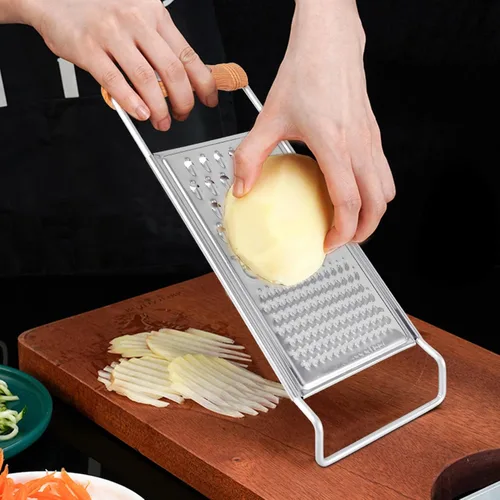 Vista 3 de Rallador de queso 3 en 1, cortador de mandolina, 2 piezas de acero inoxidable, cortador de verduras, triturador de juliana con mango de agarre