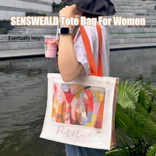 Vista 2 de Bolsa de lona para mujer con cremallera, bolsa de lona duradera y portátil reutilizable, bolsa de mano estética
