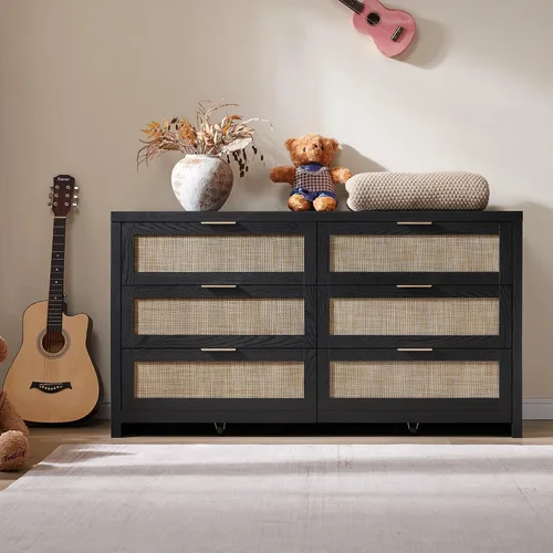 Vista 8 de SICOTAS Cómoda de ratán para dormitorio, cómoda de 57 pulgadas de ancho con 6 cajones con amplio almacenamiento, cómoda de madera, cómoda grande