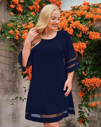 Vista 9 de LookbookStore - Vestido estilo túnica holgado con mangas 34 acampanadas con panel de malla, cuello redondo, para mujer