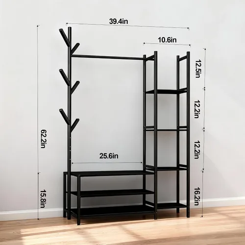 Vista 4 de Organizador de armario independiente 4 en 1 con perchero y zapatero y 5 estantes laterales, perchero de madera resistente para colgar ropa, armario