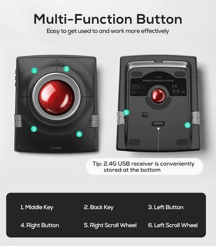 Vista 9 de Nulea M512 ratón inalámbrico Trackball, Trackball ergonómico de 55mm, DPI ajustable para control preciso, Compatible con mano izquierda o derecha