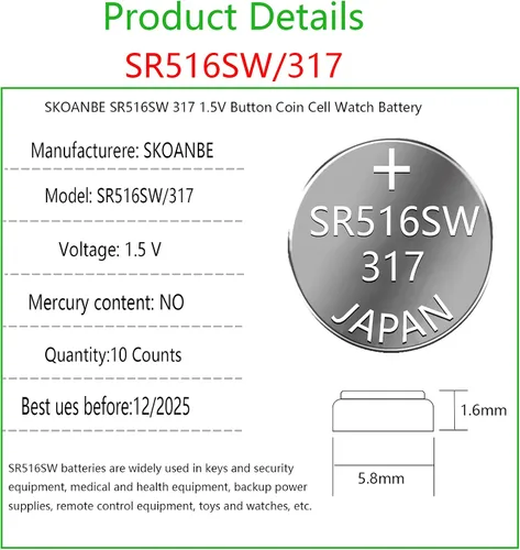 Vista 2 de SKOANBE SR516SW 317 1.5V botón moneda célula de plata reloj batería (10 paquetes)