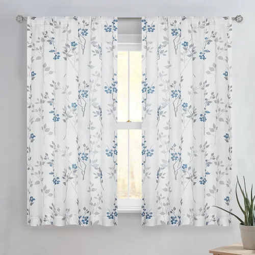Vista 21 de Beauoop Juego de 2 cortinas semitransparentes de lino floral para sala de Clásico azul y gris