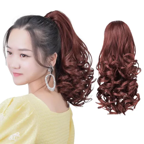Vista 61 de Cola de caballo con clip, color castaño rojizo, ondulado de 10 pulgadas, extensión de cola de caballo de 3.3 onzas, extensiones de cabello sintético