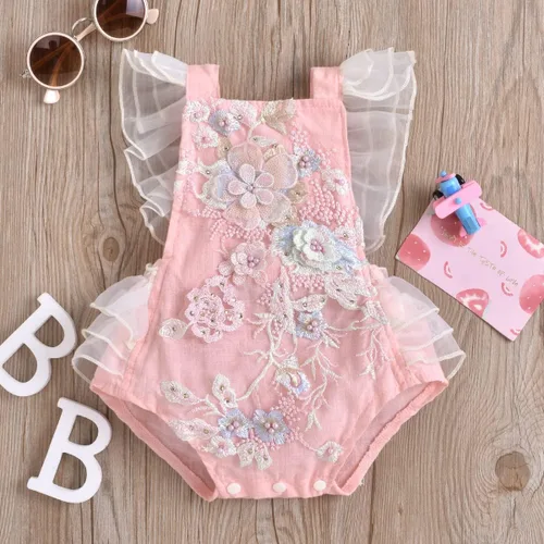 Vista 2 de ODASDO Mameluco de encaje para bebé niña, delicado bordado sin espalda, con diadema de flores, 2 piezas, traje de pastel