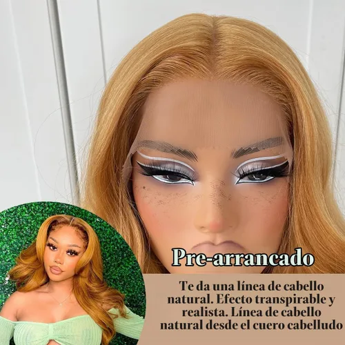 Vista 3 de #27 Peluca de encaje frontal rubia miel sin pegamento, onda corporal, pelucas de encaje frontal sintéticas prediseñadas, con línea de cabello #27