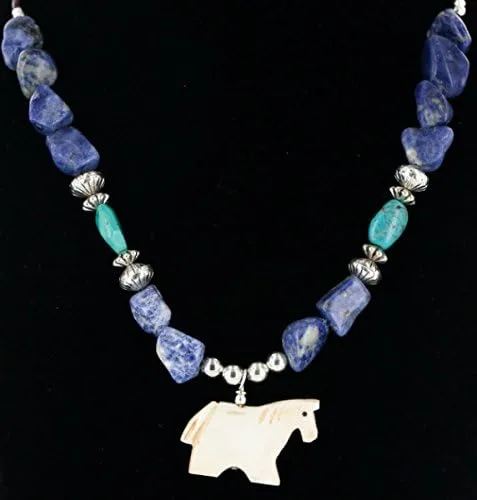 Vista 2 de $270Tag Collar Nativo de Plata Navajo Alabastro Lapislázuli Turquesa 25242 Hecho por Loma Siiva, Metal Piedra, turquesa estabilizada