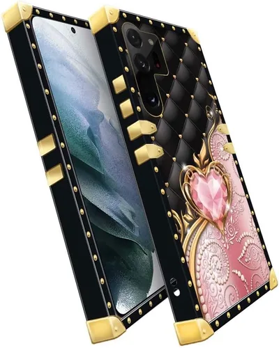 Vista 3 de Compatible con Samsung Galaxy S23 Ultra, J Pink Diamonds Golden Hearts Lujo Elegante TPU suave a prueba de golpes Carcasa protectora de metal