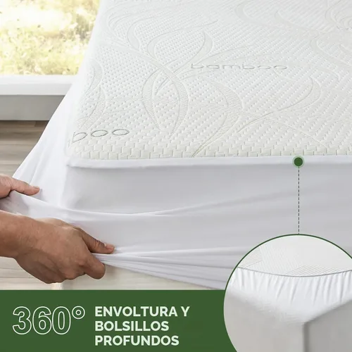 Vista 5 de Protector de colchón impermeable tamaño Queen, protector de colchón transpirable de rayón de bambú con bolsillos elásticos profundos, hipoalergénico