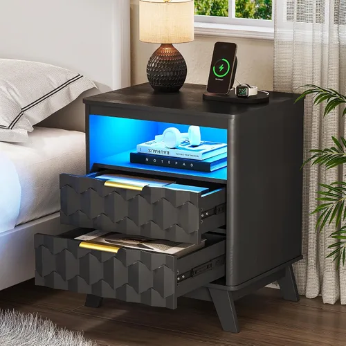Vista 12 de Gurexl Mesita de noche inteligente con altavoz Bluetooth, moderna mesita de noche con luces LED RGB y estación de carga inalámbrica, soporte