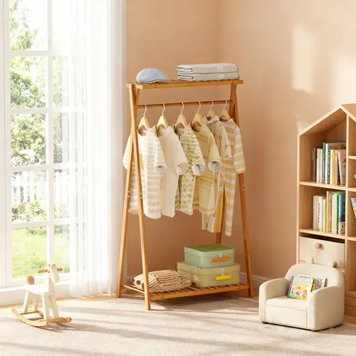 Vista 6 de Perchero de bambú para niños, pequeño estante de ropa para niños, estante de vestir para niños con 2 estantes de almacenamiento, perchero portátil