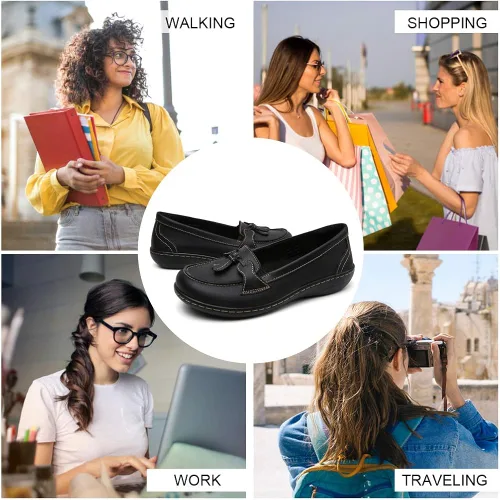 Vista 7 de Maichal Mocasines para mujer, zapatos planos de cuero cómodo con suela de goma