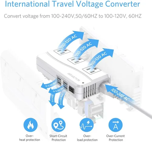 Vista 2 de ISELECTOR Convertidor de voltaje de 220 V a 110 V, convertidor de viaje de Estados Unidos a Europa con 4 puertos USB, 3 enchufes de CA adaptador 4